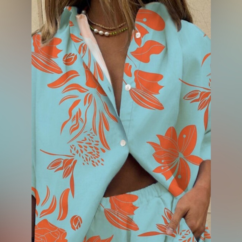 NWOT Chicme Women’s Aqua Blue Orange Tropical Floral Shirt Blouse Top‎ 3XL